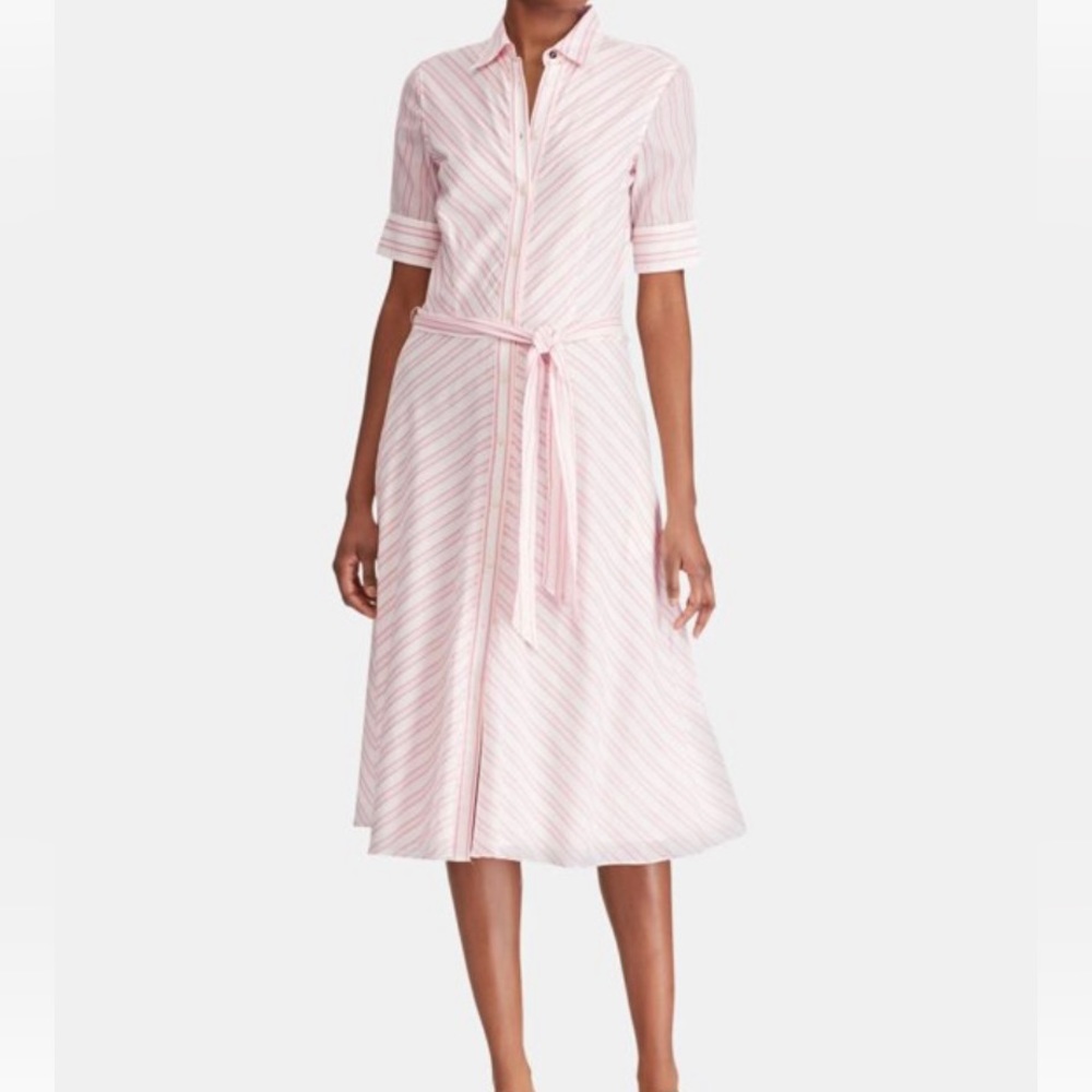 LAUREN Ralph Lauren Belted Pink Striped Cotton Midi Shirtdress- Size 6
